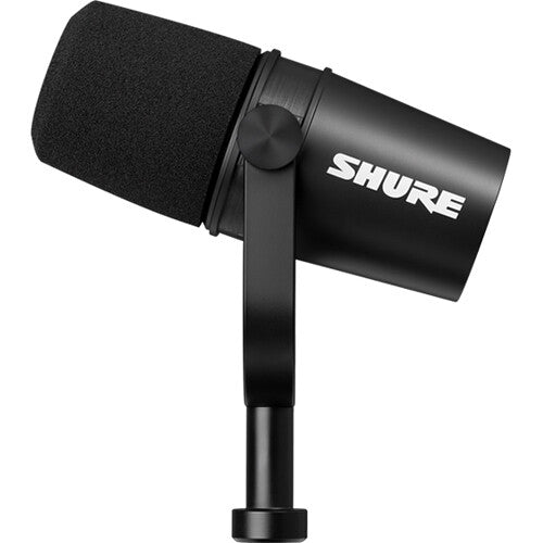 Shure MV7X dynamic microphone with black finish and adjustable stand for professional audio recording or broadcasting.