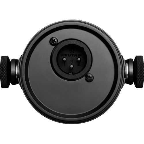Shure MV7X dynamic microphone with black finish, featuring a sturdy stand and grille for professional audio recording.