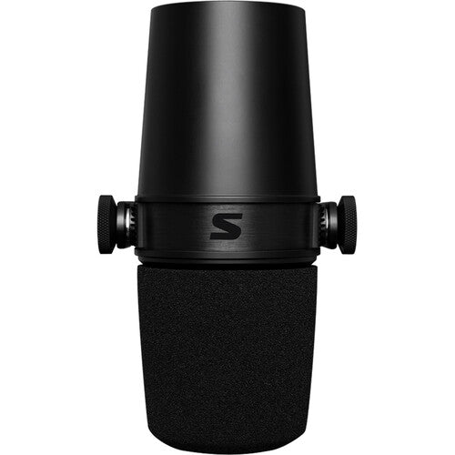 Shure MV7X dynamic microphone with black finish, mounted on a stand, ready for professional audio recording or broadcasting