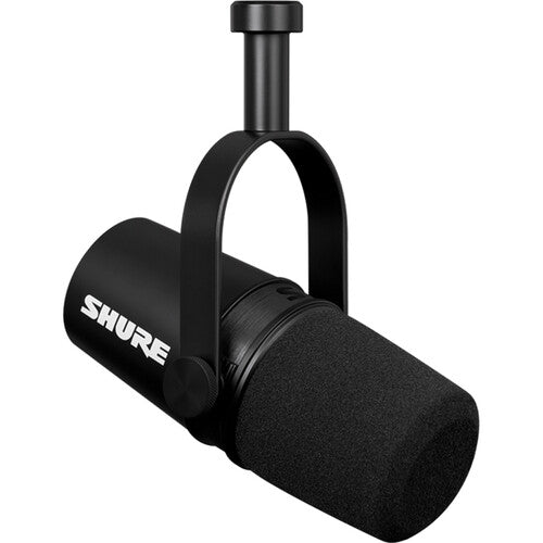 Shure MV7X dynamic microphone with black finish, professional audio equipment for podcasting and broadcasting.