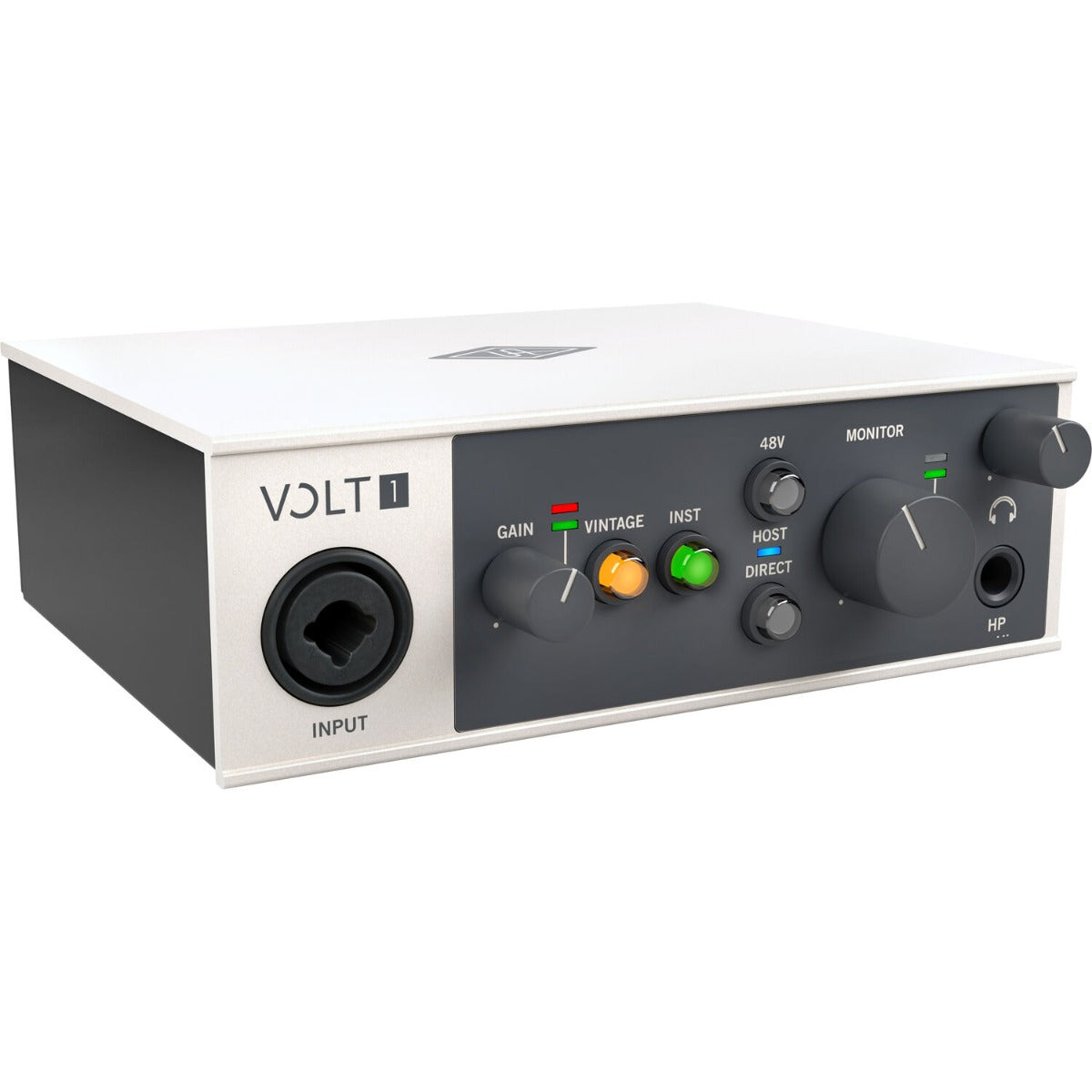 Universal Audio Volt 1 audio interface with input and output ports, compact design, and control knobs for music recording.