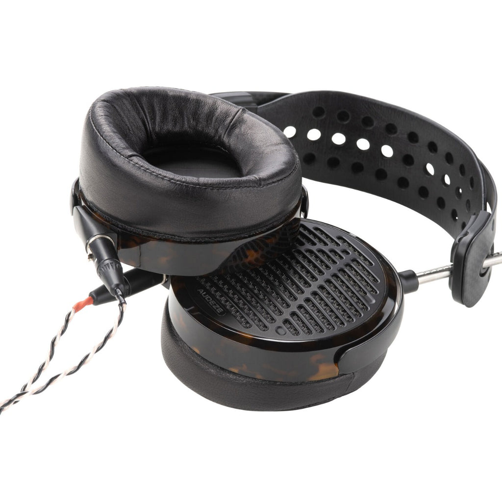 Audeze LCD-5 head-fi headphones showcasing sleek design and premium ear pads for superior audio comfort.