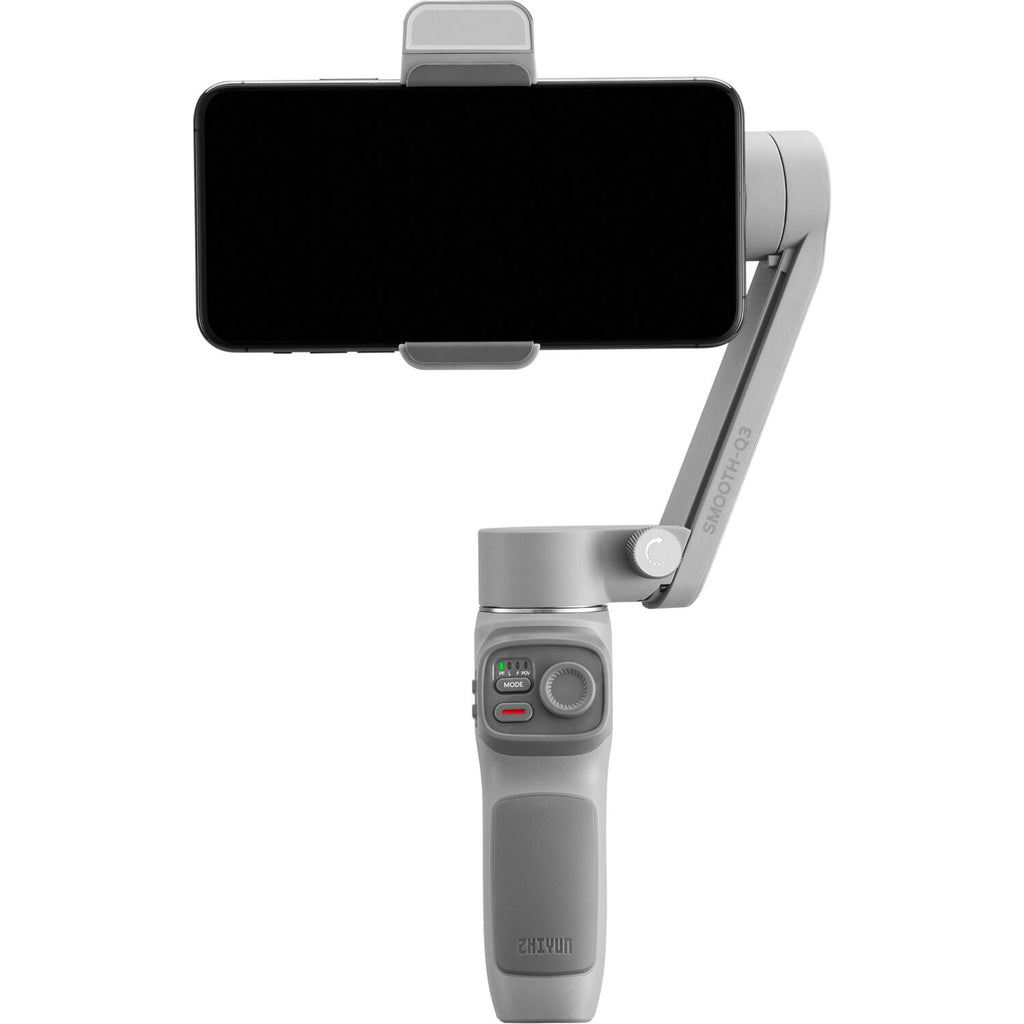 Zhiyun Smooth Q3 combo stabilizer and gimbal for smartphones, showing the device in use with adjustable handle and control buttons.