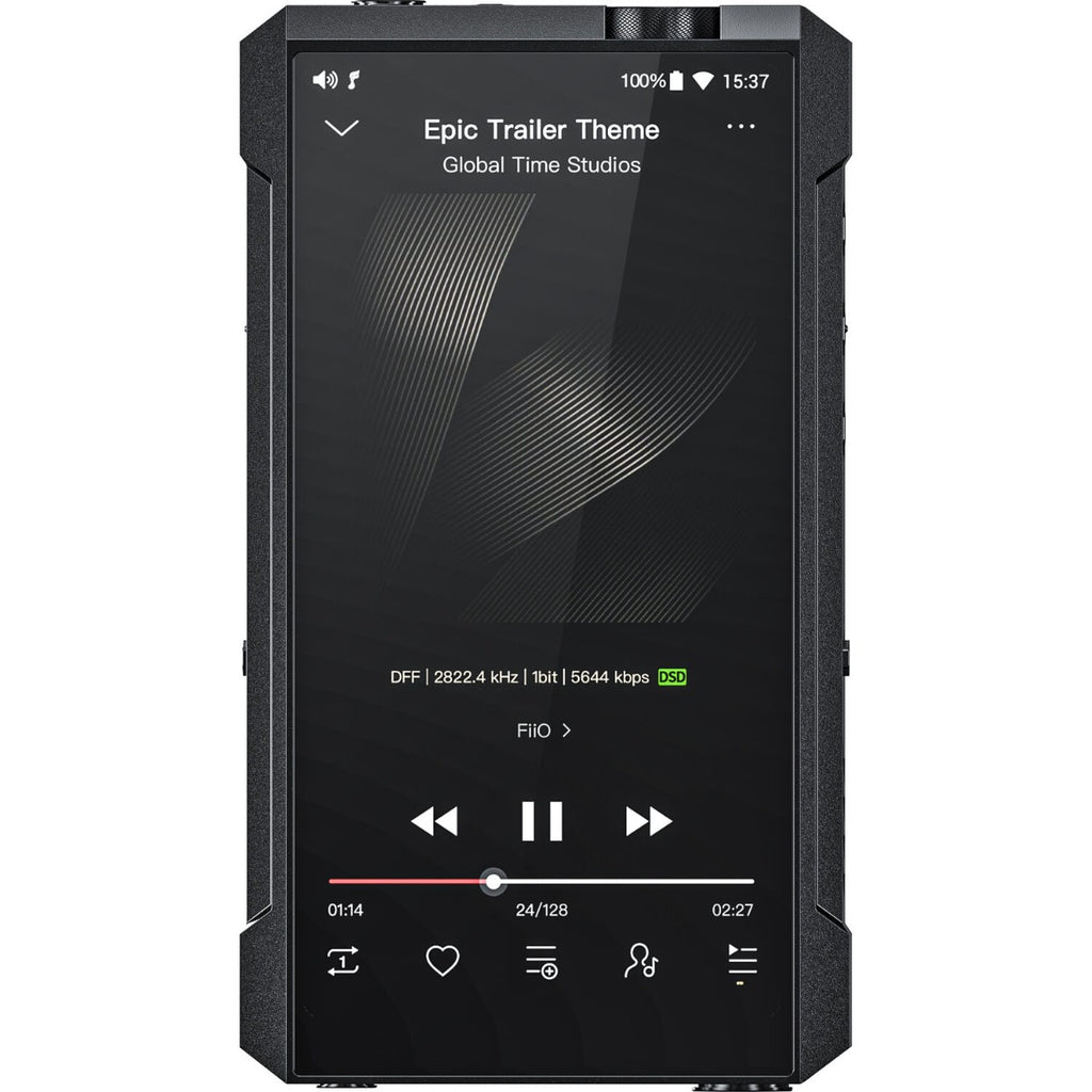 FiiO M17 portable music player with large screen and multiple control buttons, black sleek design.