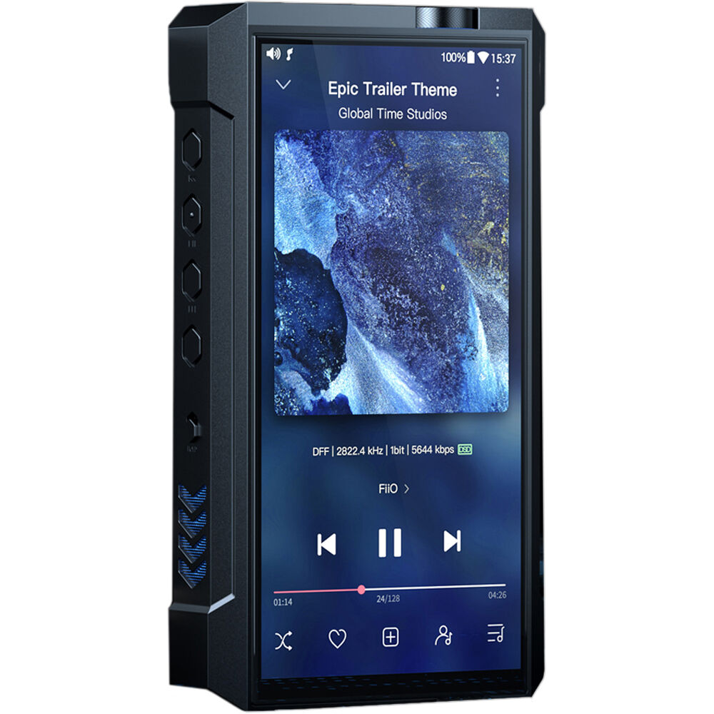 FiiO M17 portable music player with sleek black design and touchscreen display, showing control buttons on the front.