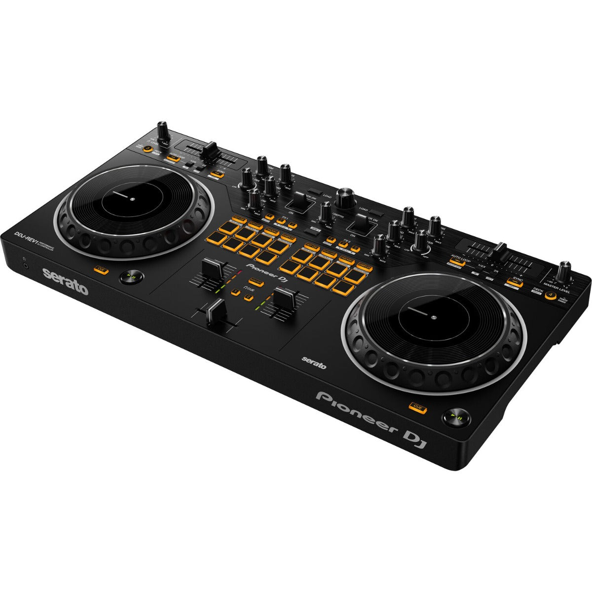 Black Pioneer DDJ-REV1 DJ controller with jog wheels, fader controls, and performance pads for mixing music.