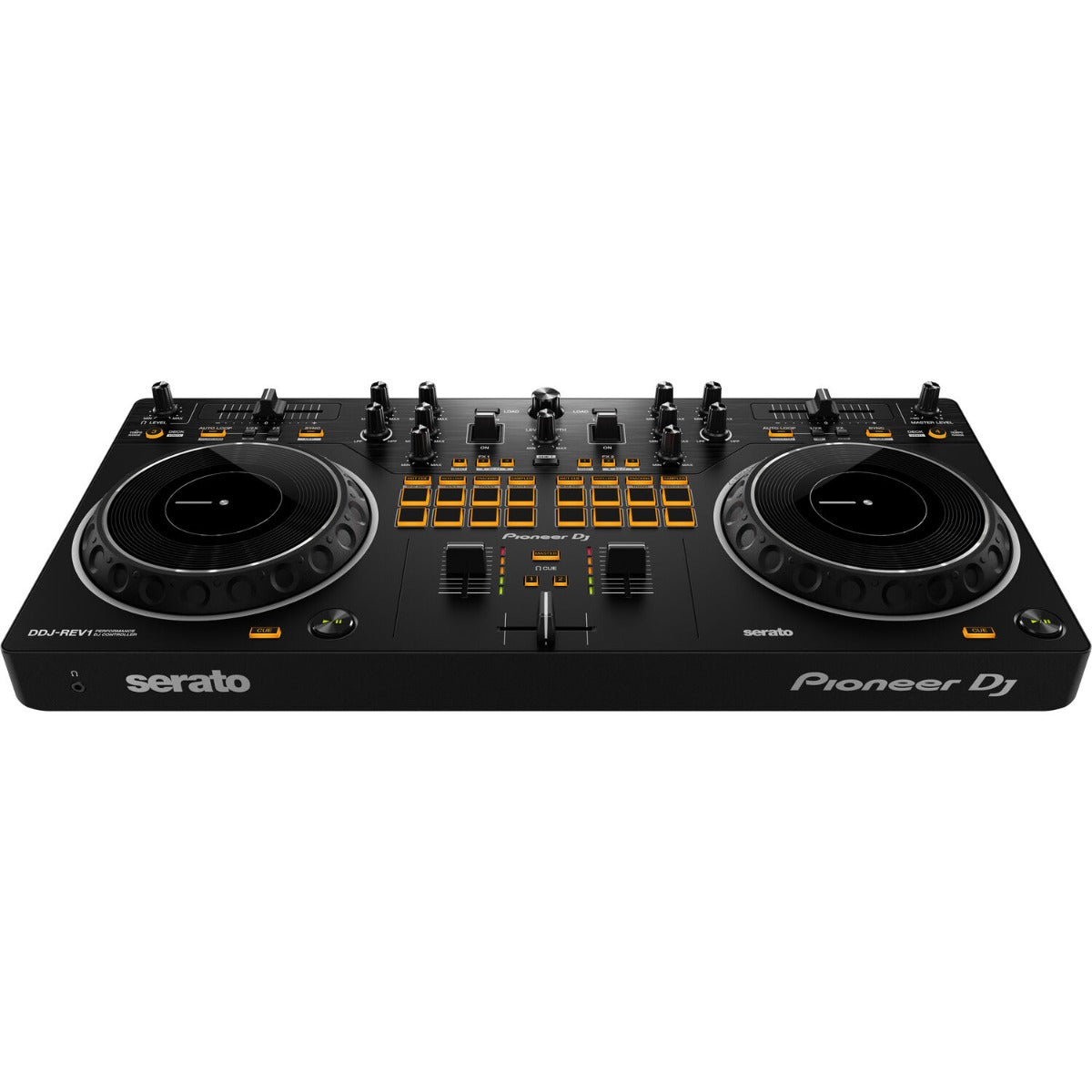 Pioneer DJ DDJ-REV1 black DJ controller with jog wheels, mixer knobs, and performance pads for DJing.