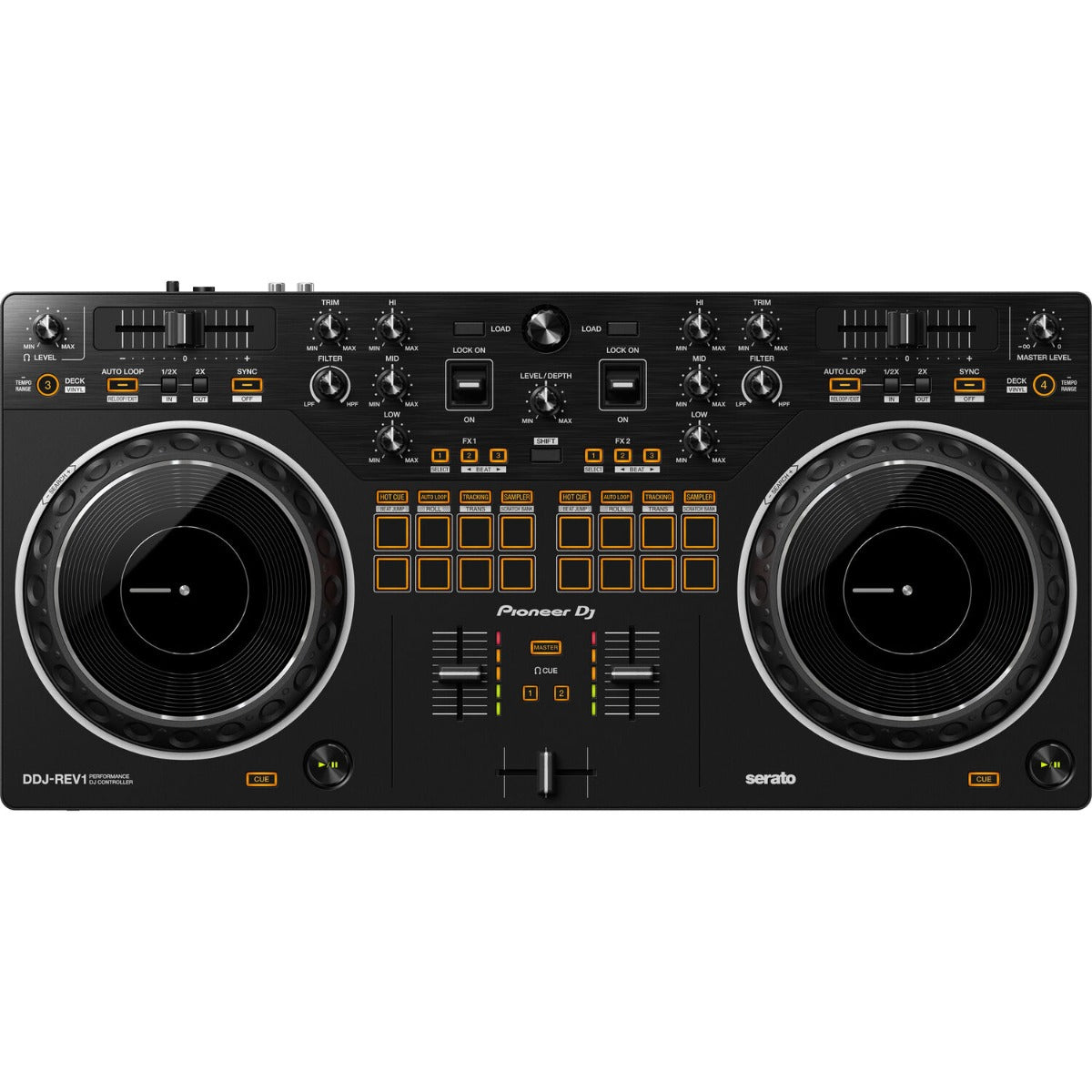 Pioneer DJ DDJ-REV1 black DJ controller with jog wheels, mixer, and control buttons for professional DJing.