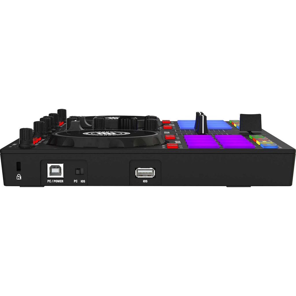 Reloop Ready DJ controller featuring a compact design with colorful pads and jog wheels for intuitive mixing and performance.