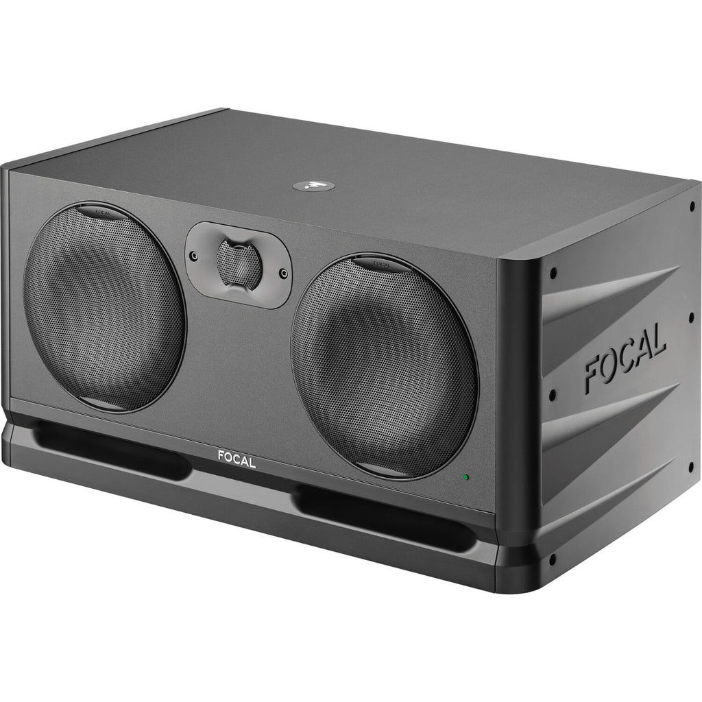 Focal Alpha Twin Evo mid-field main monitors with black speaker cabinets and control panels, designed for professional audio.
