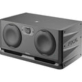 Focal Alpha Twin Evo mid-field main monitors with black speaker cabinets and control panels, designed for professional audio.