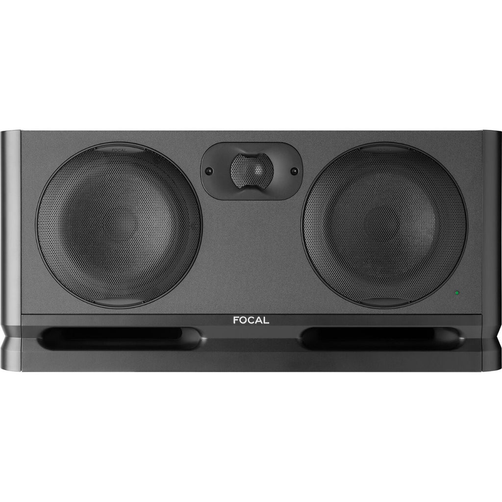 Focal Alpha Twin Evo mid-field and main studio monitors, black finish, with front grille and control knobs visible.
