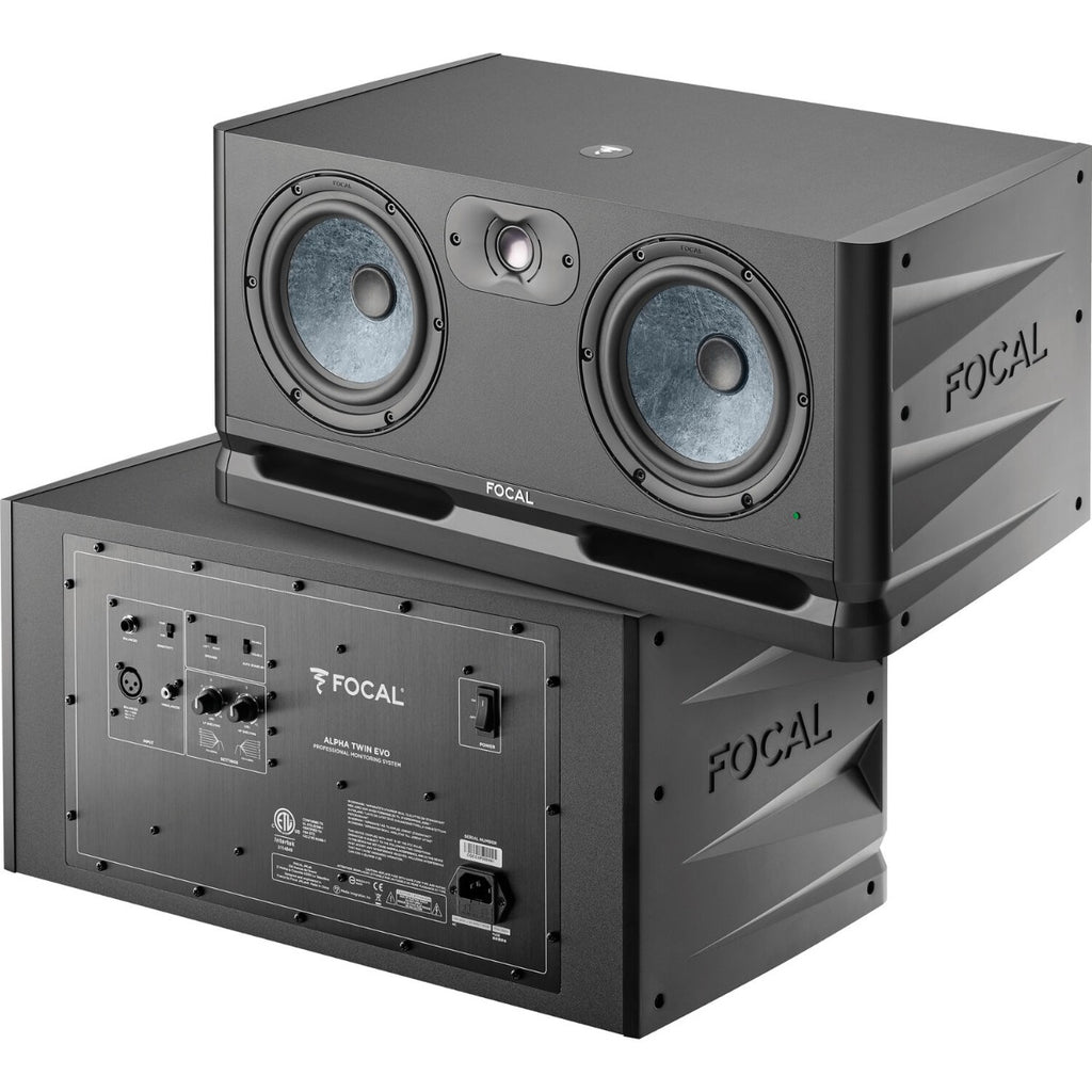 Focal Alpha Twin Evo mid-field and main studio monitors shown from the front, featuring black enclosure and control knobs