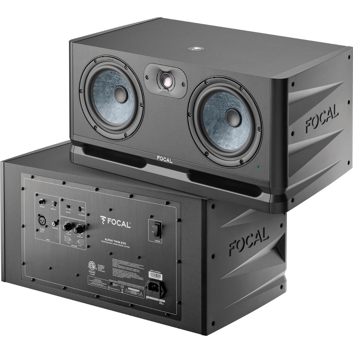 Focal Alpha Twin Evo mid-field and main studio monitors shown from the front, featuring black enclosure and control knobs