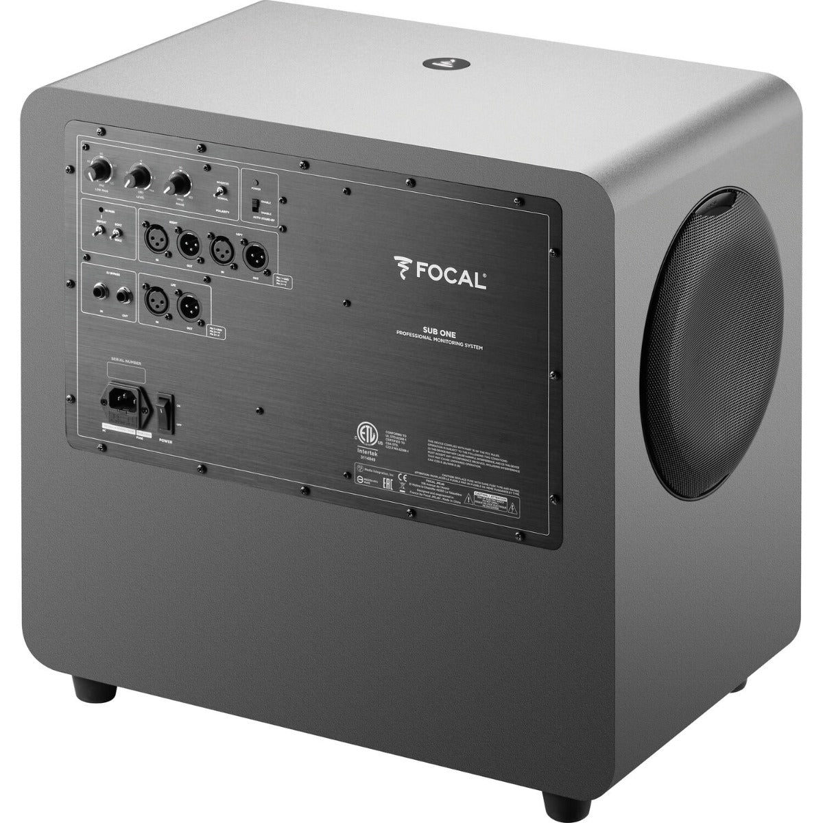 Focal Sub One subwoofer for Evo Series with sleek black enclosure and advanced audio driver for deep bass sound.