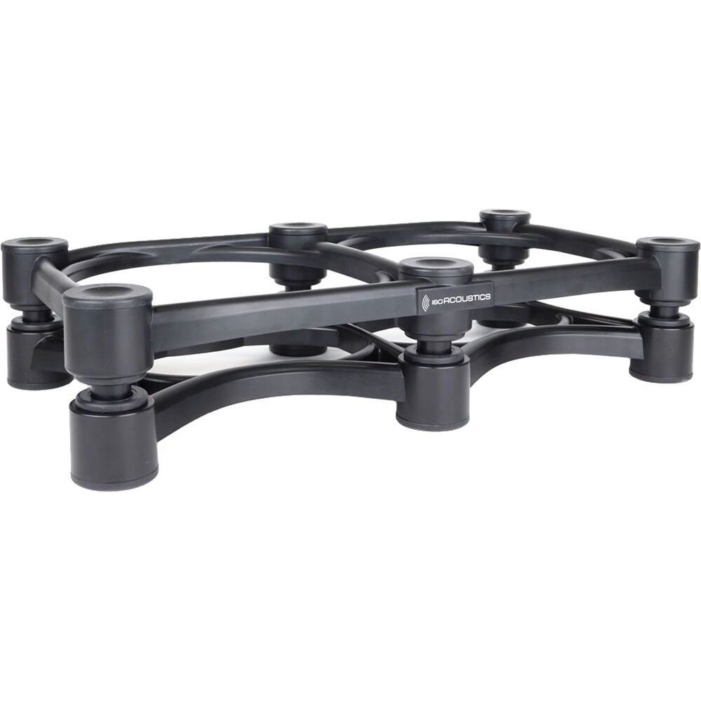 IsoAcoustics ISO-430 studio monitor stands with sleek black design and adjustable height for optimal audio setup.
