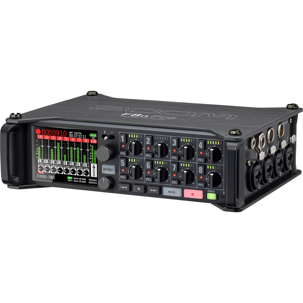 Zoom F8n Pro digital recorder with multiple input channels and a sleek design, showcasing buttons and display.