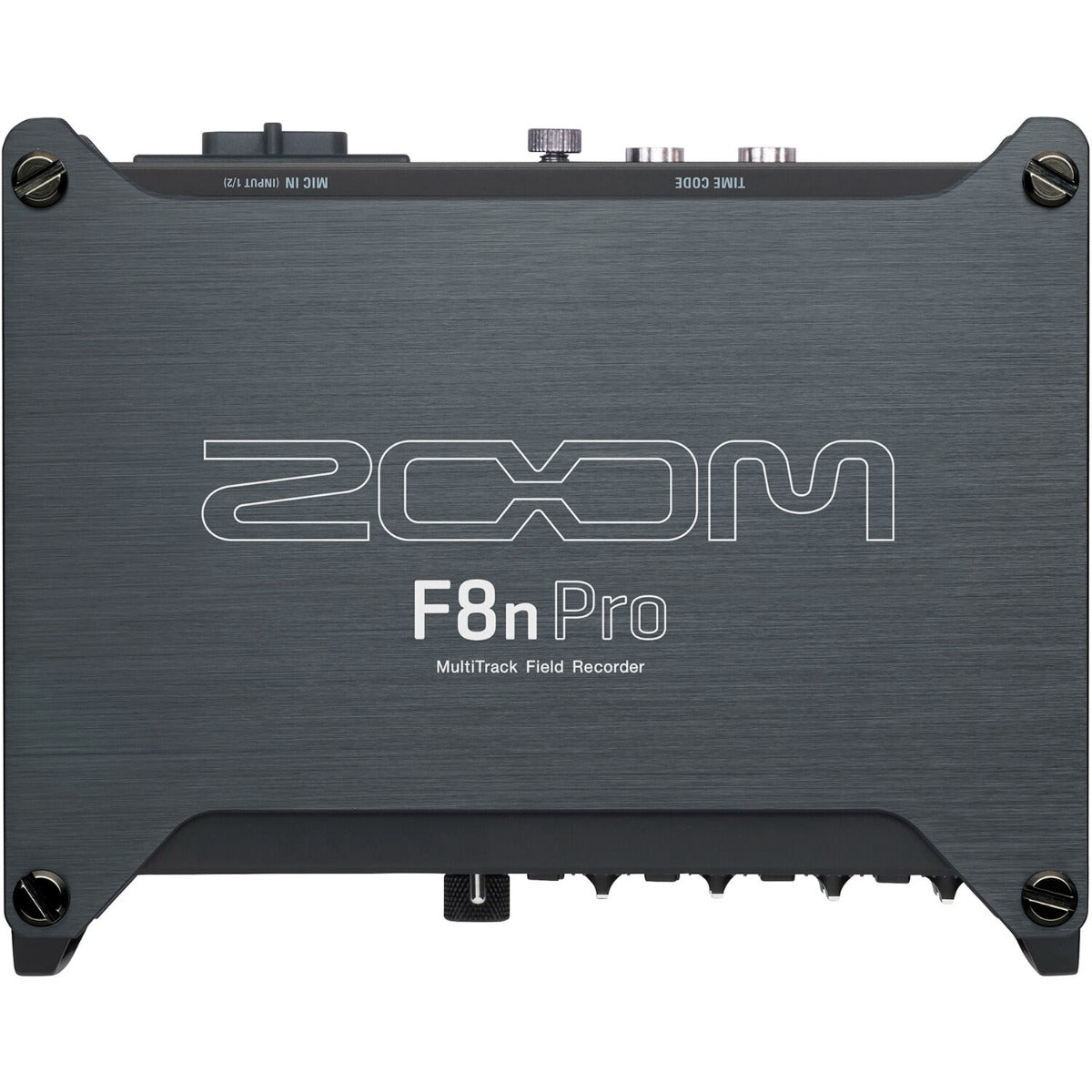 Zoom F8n Pro digital recorder with multiple input channels and a sleek design, displayed on a wooden surface.