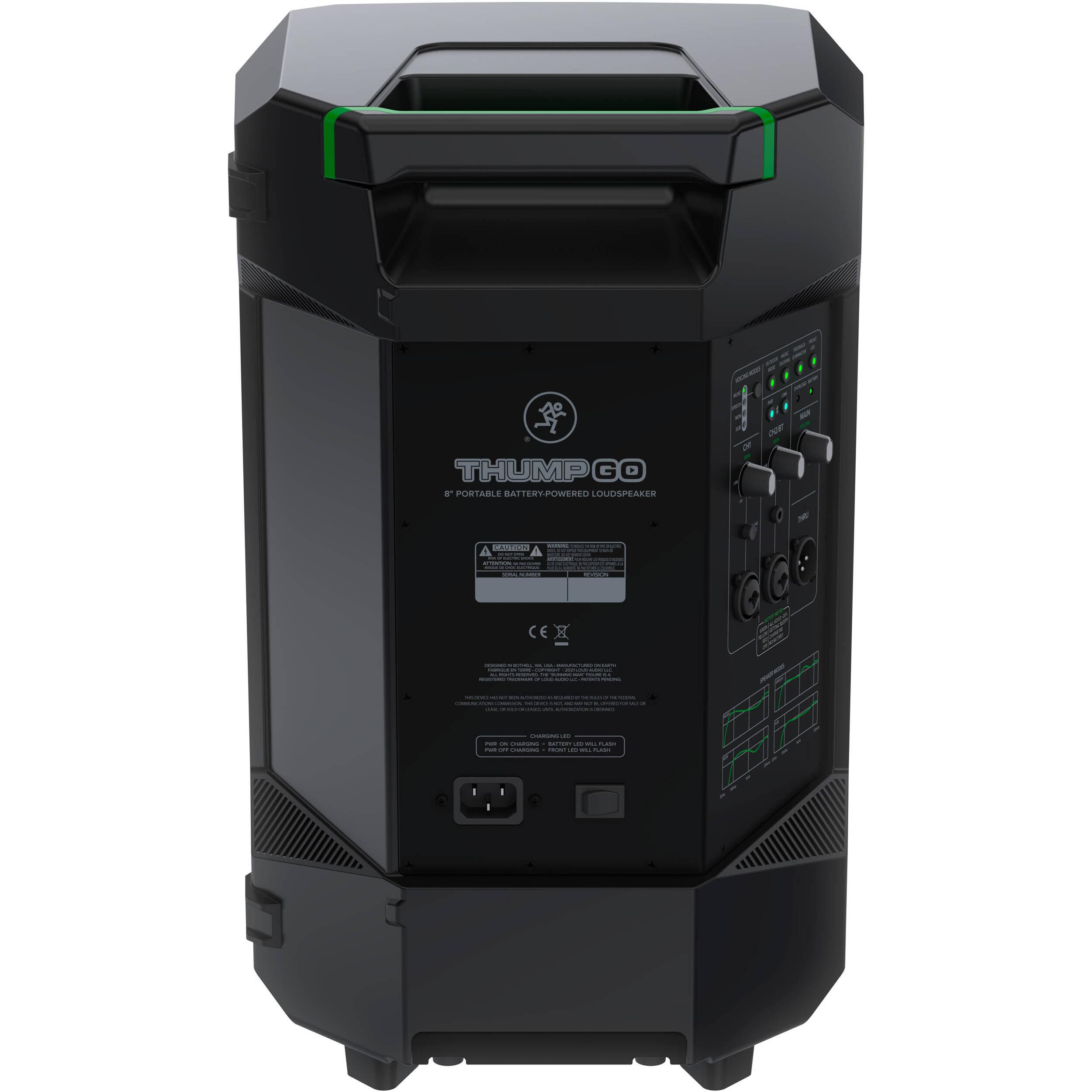 Mackie Thump GO portable PA speaker with handle and control panel, designed for mobile sound reinforcement and live performances.