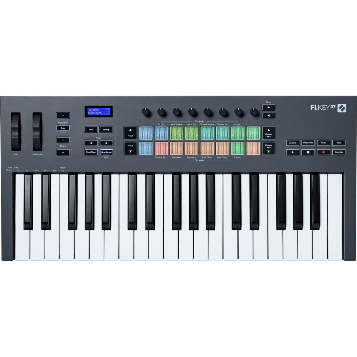 Novation FLkey 37 MIDI keyboard with 37 keys, illuminated pads, and control knobs for music production and performance.