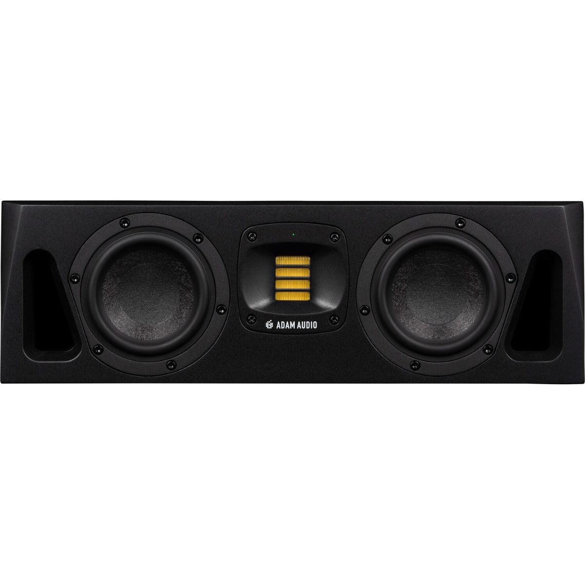 Adam Audio A44H mid-field and main studio monitors shown with front and side views in a professional audio setup.