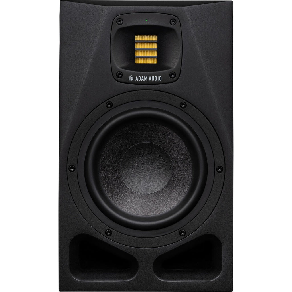 Adam Audio A7V active nearfield monitors with sleek black cabinets and detailed speaker drivers in a professional studio setting.