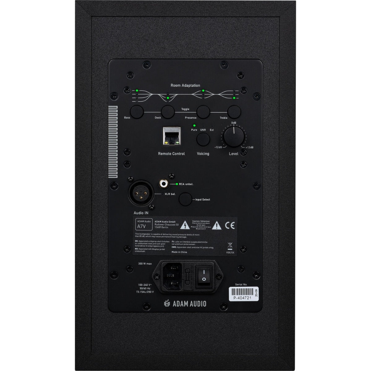 Adam Audio A7V active nearfield monitor speaker showing front view with control knobs and woofer in black and yellow design.