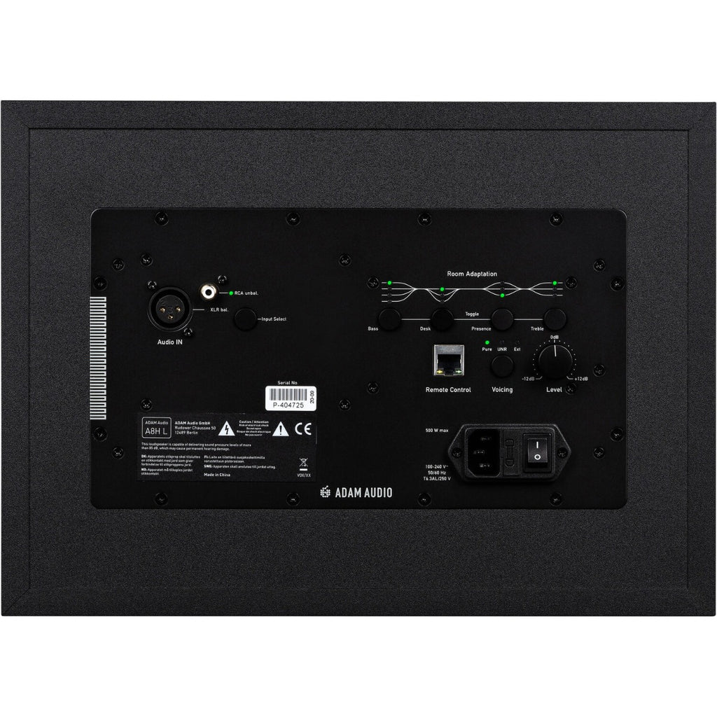 Adam Audio A8H right mid-field and main monitor speaker shown from the front, featuring a sleek black design with drivers and controls.
