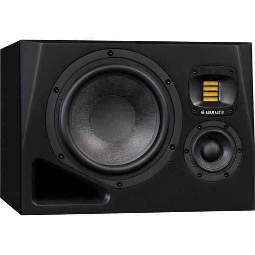 Left Adam Audio A8H mid-field main monitor speaker with sleek black enclosure and detailed front grille.