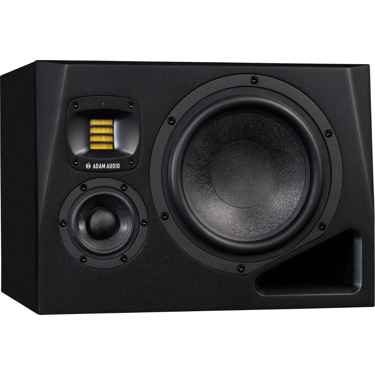 Adam Audio A8H right mid-field and main monitor speaker showing a sleek black finish and detailed speaker components.