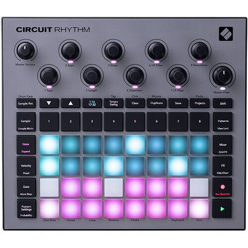 Novation Circuit Rhythm drum machine and sampler with colorful buttons and compact design for music production.