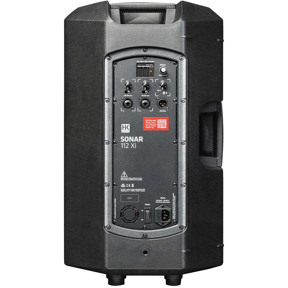 HK Audio SONAR 112 Xi active loudspeaker with a black enclosure and control panel, designed for professional audio use.