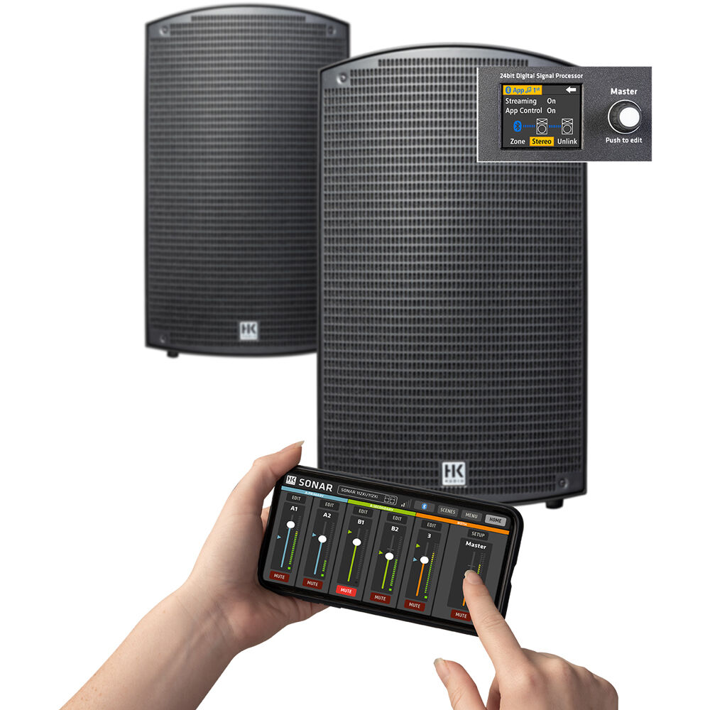 HK Audio SONAR 112 Xi active loudspeaker with a sturdy black enclosure and control panel, designed for professional sound reinforcement.