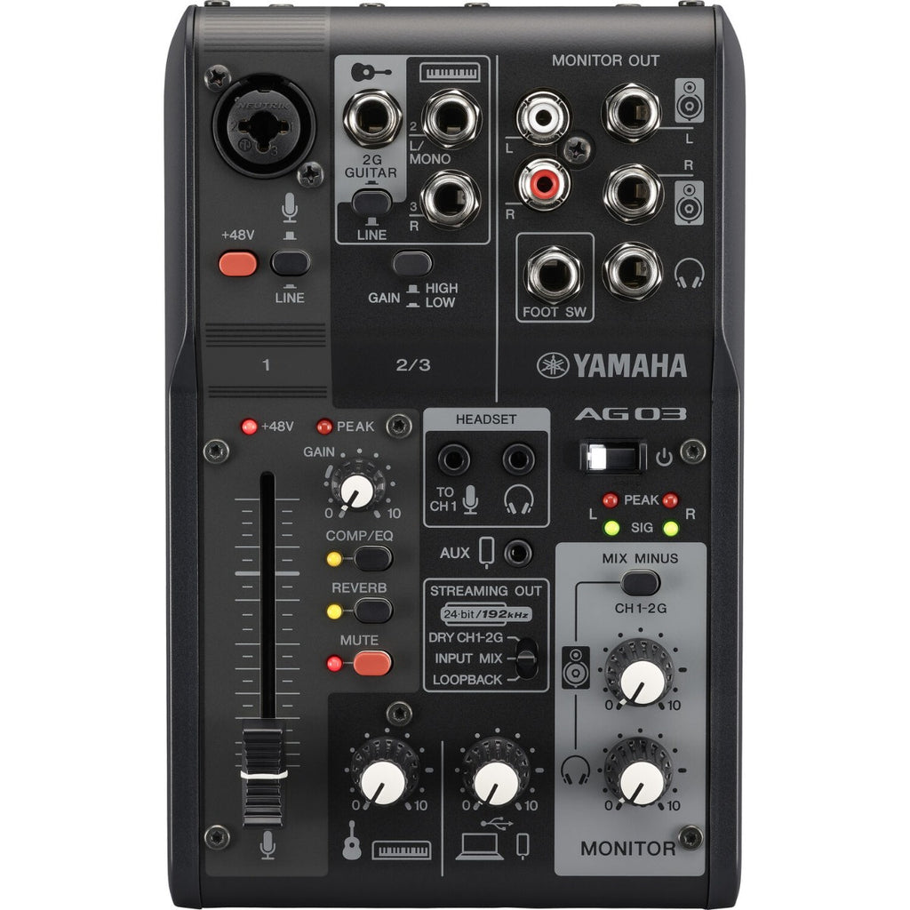 Yamaha AG03 MK2 digital mixer with compact design and multiple input options for versatile audio mixing.