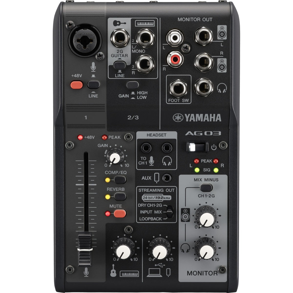 Yamaha AG03 MK2 digital mixer with compact design and multiple input options for versatile audio mixing.