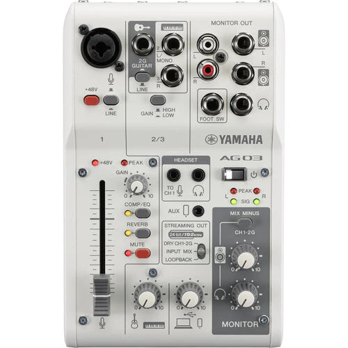 Yamaha AG03 MK2 digital mixer with compact design and intuitive controls for audio mixing and streaming applications.