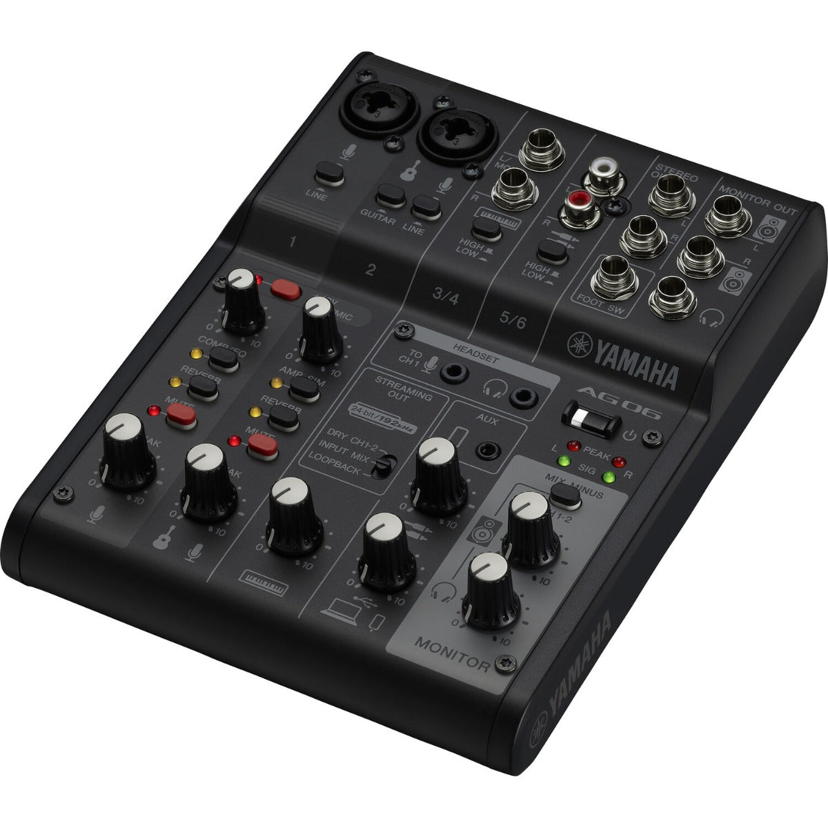 Yamaha AG06 MK2 digital mixer with multiple input channels and intuitive control layout on a sleek design.