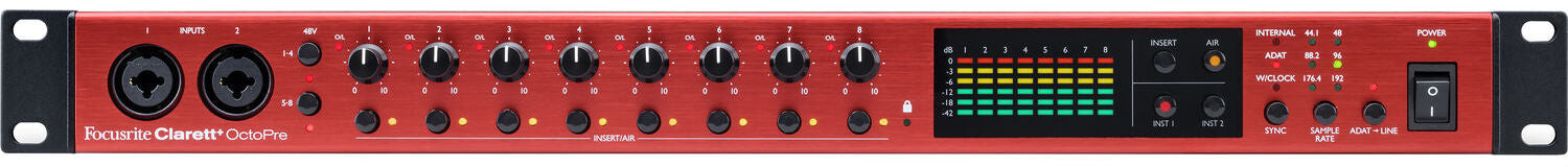 Focusrite Clarett+ OctoPre microphone preamp interface with multiple input connections and control knobs.