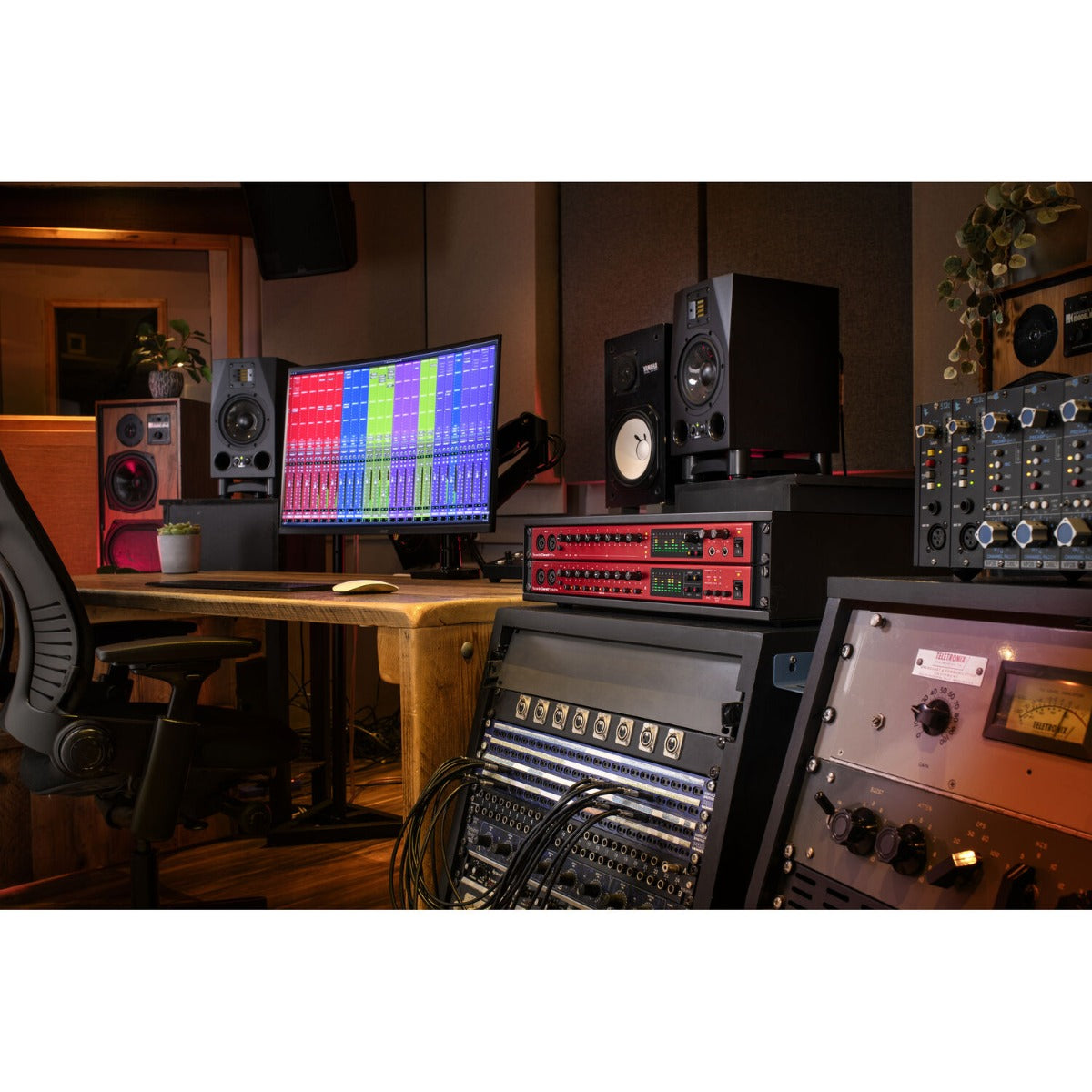 Focusrite Clarett+ OctoPre microphone preamp interface with multiple input channels and control knobs visible.