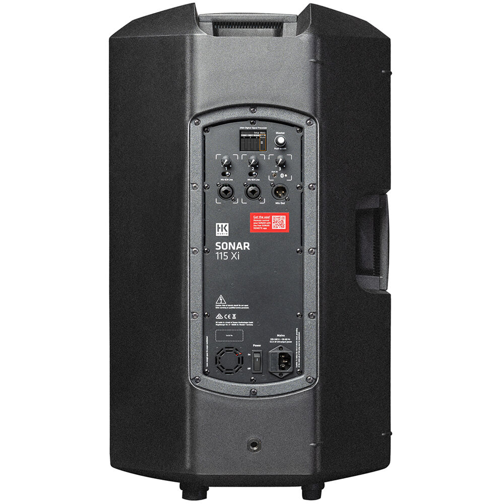 HK Audio SONAR 115 Xi active loudspeaker with a sturdy black enclosure and built-in handles, ideal for professional audio setups.