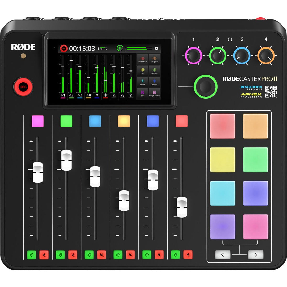 Rode RodeCaster Pro II digital mixer with multiple input channels, knobs, and display screen for professional audio mixing.