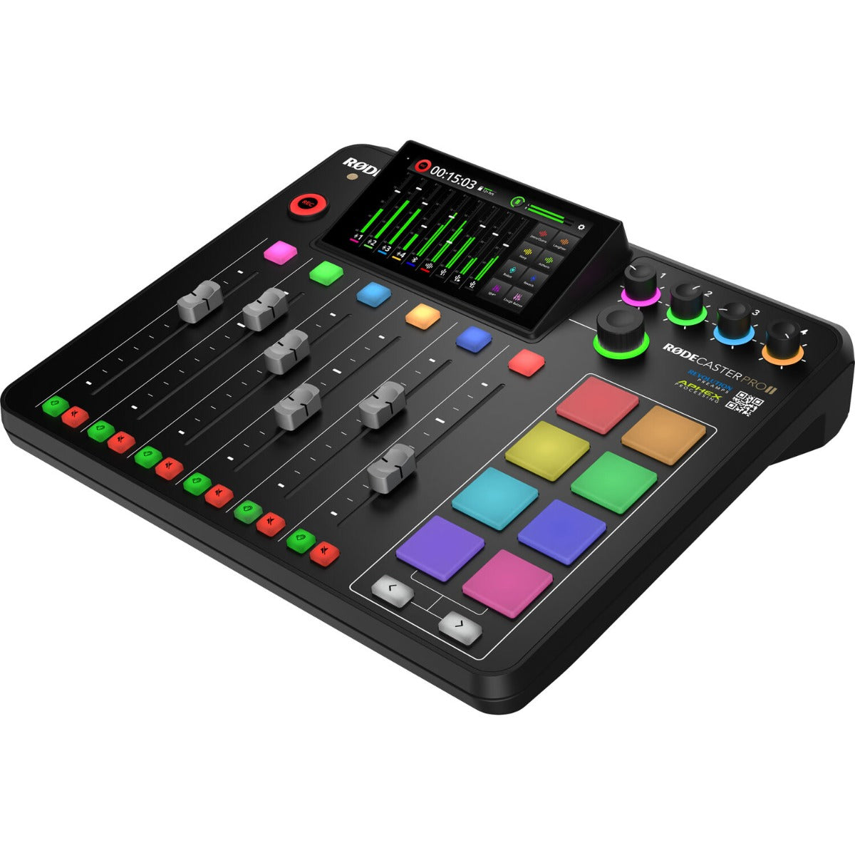 Rode RodeCaster Pro II digital mixer with control knobs, touchscreen display, and multiple input ports for professional audio mixing.