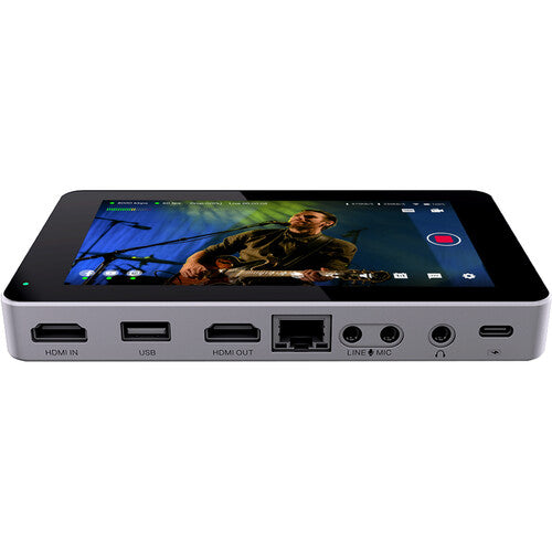 YoloLiv YoloBox Mini portable video monitor with touchscreen display, compact design, and control buttons for live streaming.