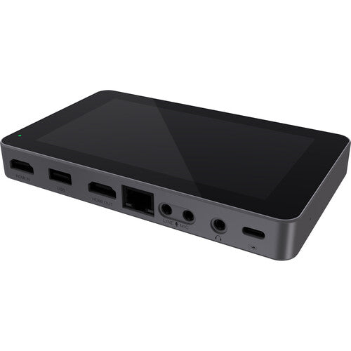 YoloLiv YoloBox Mini video monitor showing a compact screen with control buttons and ports, used for live streaming and video production.