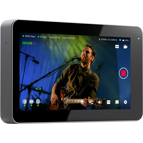 YoloLiv YoloBox Mini video monitor displaying a compact screen with control buttons and ports for live streaming.
