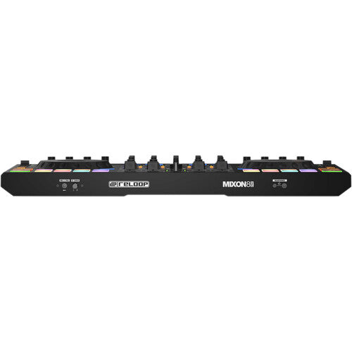 Reloop Mixon 8 Pro DJ controller featuring vibrant pads, rotary knobs, and a sleek design for professional mixing.