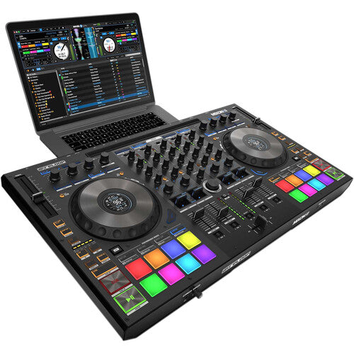 Reloop Mixon 8 Pro DJ controller with sleek design, jog wheels, and multiple input/output ports displayed on a table.