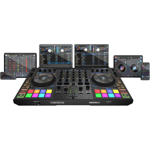 Reloop Mixon 8 Pro DJ controller with dual decks, vibrant pads, and jog wheels for seamless mixing and performance.