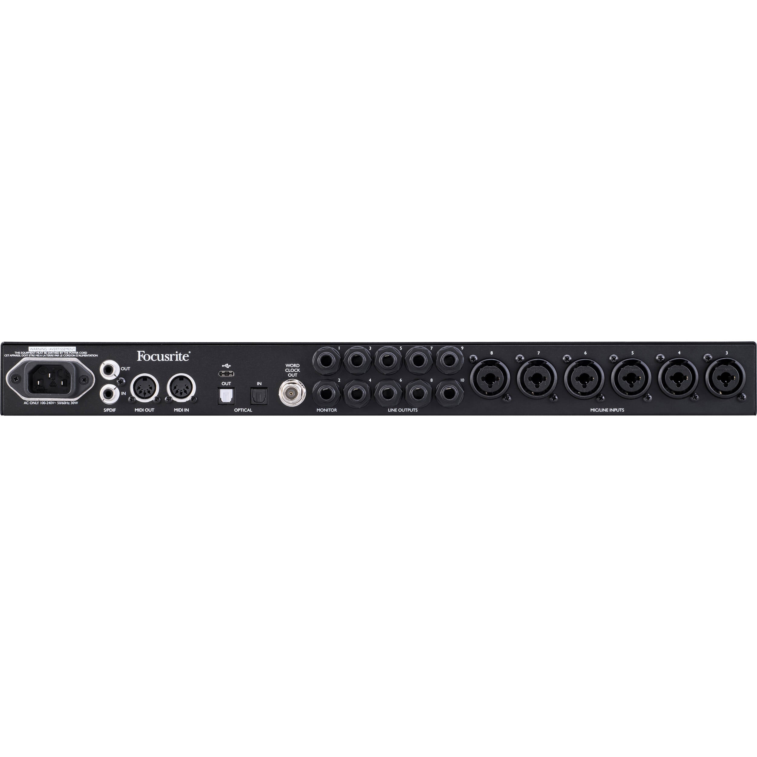 Focusrite Clarett+ 8Pre audio interface with multiple input/output ports and sleek black design, ideal for professional music production.