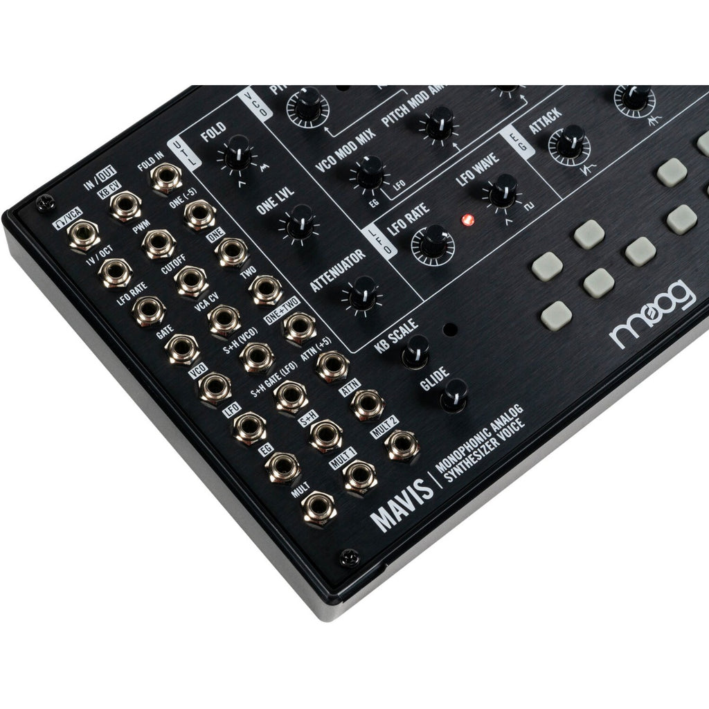 Moog Mavis synthesizer with control knobs and keyboard, showcasing its compact design and vintage-inspired electronic music instrument.